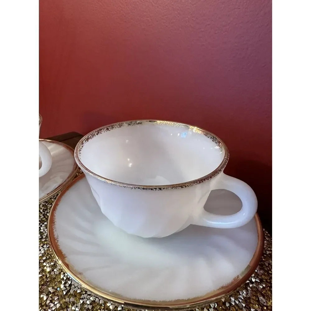 Vintage Fire King Oven Ware White Swirl Milk Glass‎ Gold Rim 2 Cup & 5 Saucers